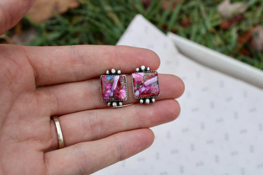 Pink Spiny Square Studs